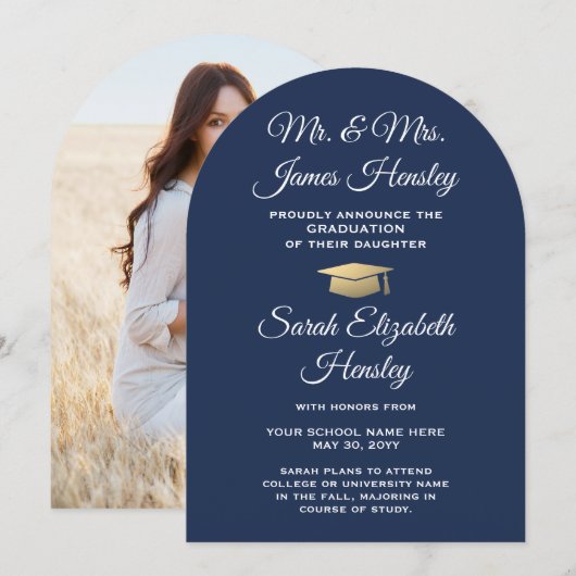 両親 ネイビーブルー フォト 卒業 お知らせ 招待状 (正面/裏面)