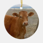 両面かわいらしい西部の赤い牛牛 セラミックオーナメント (正面)