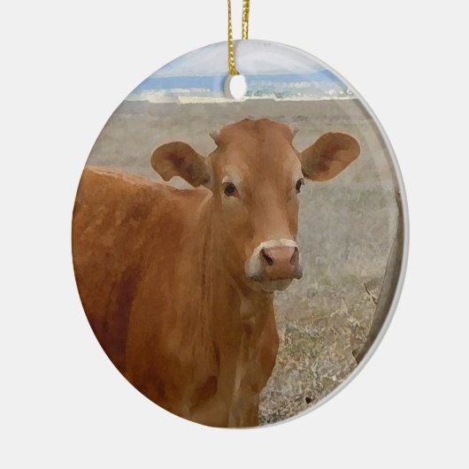 両面かわいらしい西部の赤い牛牛 セラミックオーナメント (左)