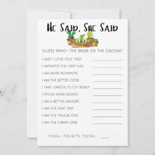 両面の素朴なカクスタス ブライダルシャワー ゲーム (裏面)