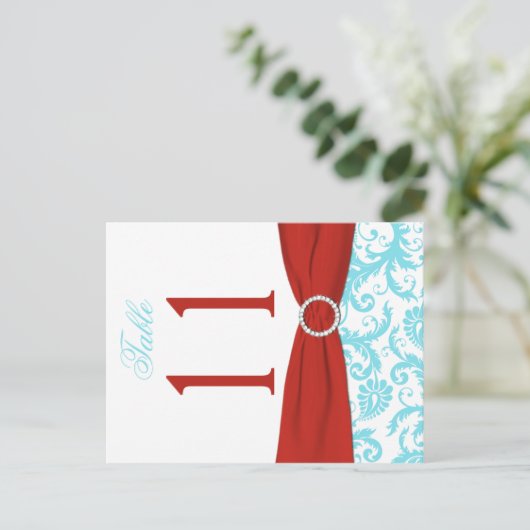 両面アクア、赤、白のダマスクのテーブル番号 ポストカード (スタンド正面)