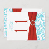 両面アクア、赤、白のダマスクのテーブル番号 ポストカード (正面/裏面)