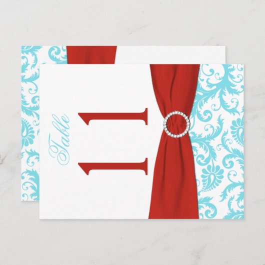 両面アクア、赤、白のダマスクのテーブル番号 ポストカード (正面/裏面)