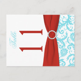 両面アクア、赤、白のダマスクのテーブル番号 ポストカード