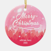 両面カスタムピンク雪&森メリークリスマス セラミックオーナメント (正面)