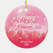 両面カスタムピンク雪&森メリークリスマス セラミックオーナメント (裏面)