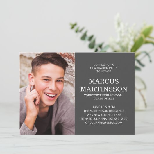 両面グレー卒業パーティー3写真 招待状 (スタンド正面)