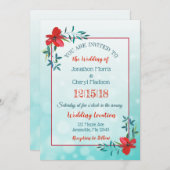 両面ティール（緑がかった色）&レッドフラワー結婚式招待状 招待状 (正面/裏面)