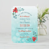 両面ティール（緑がかった色）&レッドフラワー結婚式招待状 招待状 (スタンド正面)