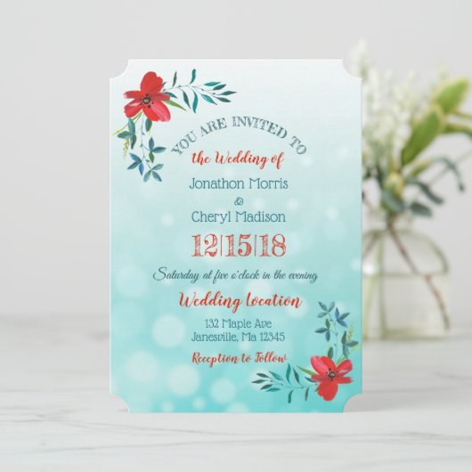 両面ティール（緑がかった色）&レッドフラワー結婚式招待状 招待状 (スタンド正面)