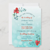 両面ティール（緑がかった色）&レッドフラワー結婚式招待状 招待状 (正面)