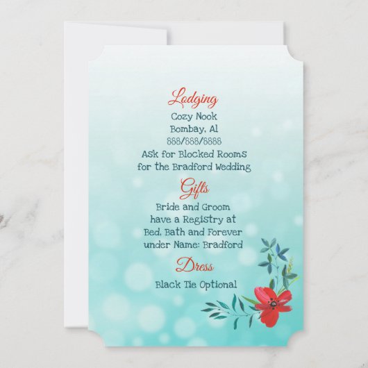 両面ティール(緑がかった色)&レッドフラワー結婚式招待状 招待状 (裏面)