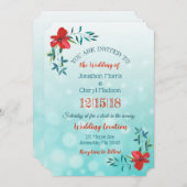 両面ティール（緑がかった色）&レッドフラワー結婚式招待状 招待状 (正面/裏面)