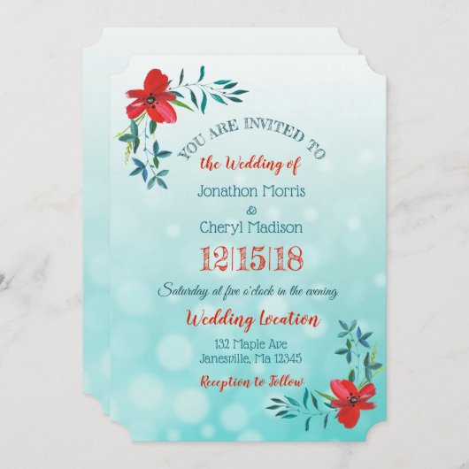両面ティール(緑がかった色)&レッドフラワー結婚式招待状 招待状 (正面/裏面)