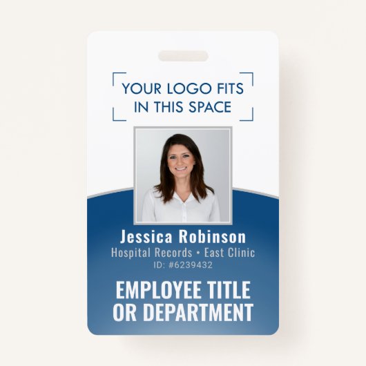 両面バーコードとロゴ従業員の写真ID青 バッジ (正面)
