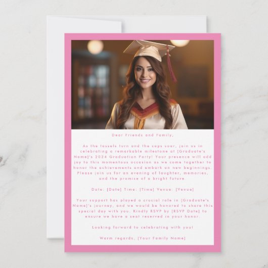 両面フォトピンク大学の卒業パーティー 招待状 (裏面)