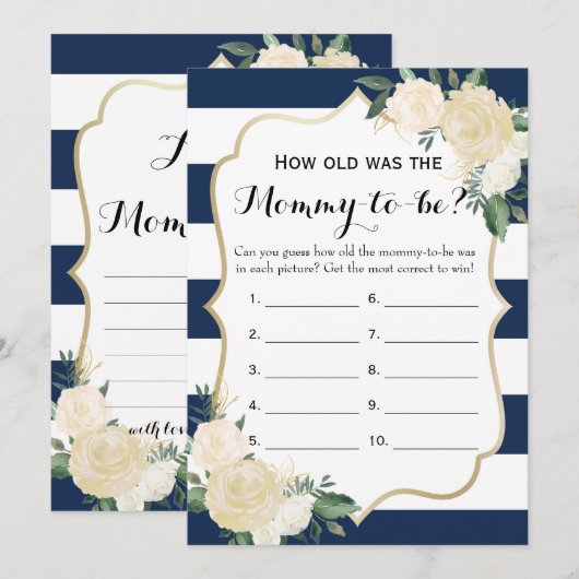 両面フラワー ネイビー ベビーシャワー ゲーム 招待状 (正面/裏面)