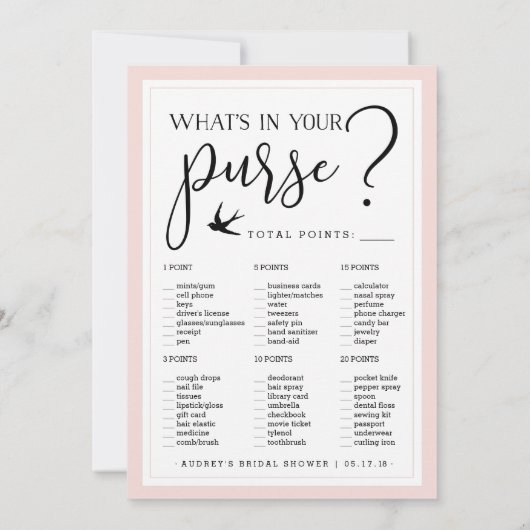 両面プリントのウェディングシャワー ビンゴとパースゲーム (裏面)