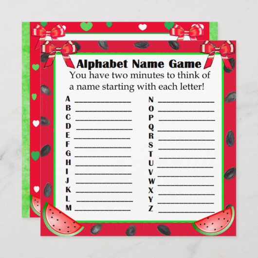 両面ベビーシャワーゲームスイカをテーマにしたゲーム 招待状 (正面/裏面)