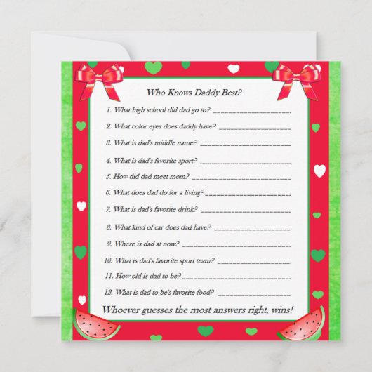 両面ベビーシャワーゲームスイカをテーマにしたゲーム 招待状 (裏面)