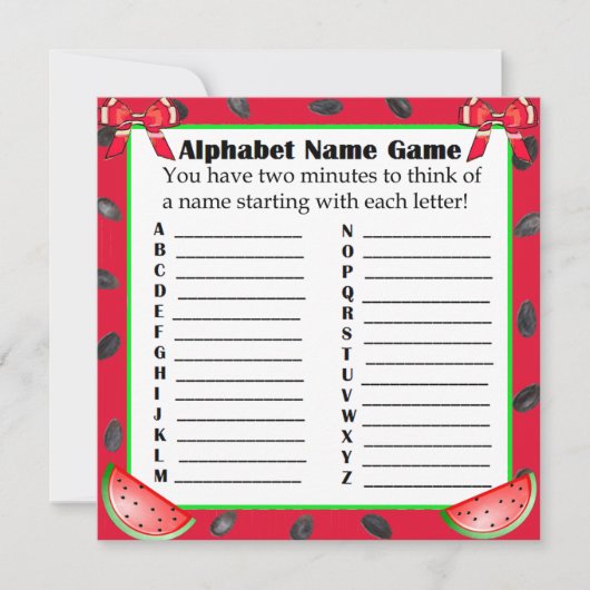 両面ベビーシャワーゲームスイカをテーマにしたゲーム 招待状 (正面)