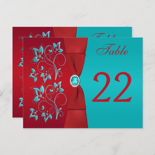 両面レッド、ターコイズフローラテーブル番号カード ポストカード (正面/裏面)