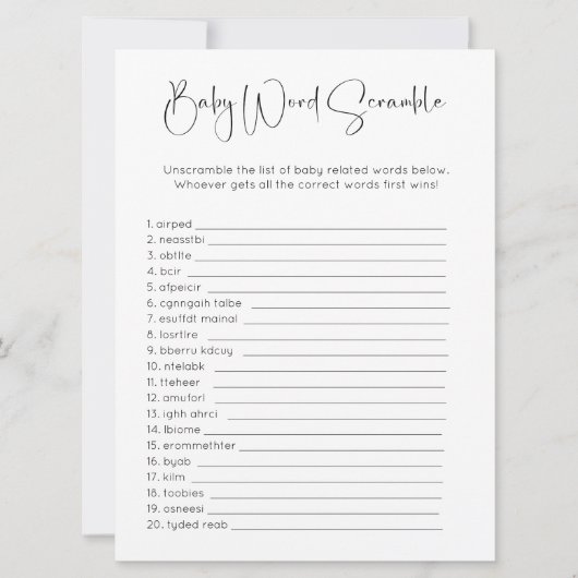 両面ワード検索スクランブルベビーシャワーゲーム 招待状 (正面)