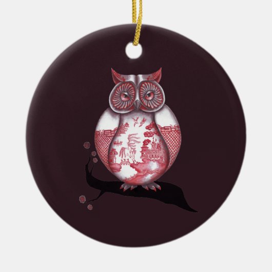 両面赤いヤナギのフクロウのオーナメント セラミックオーナメント (正面)