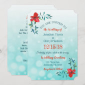 両面 ティール & 赤い花の結婚式招待状 招待状 (正面/裏面)