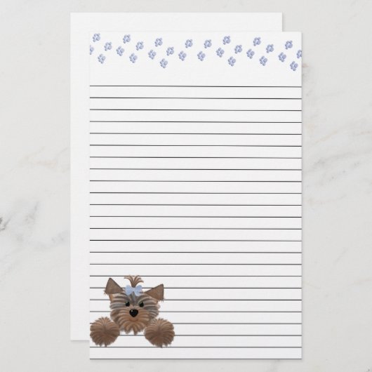 並ぶシャギーな子犬および青い足のプリント 便箋 (正面/裏面)