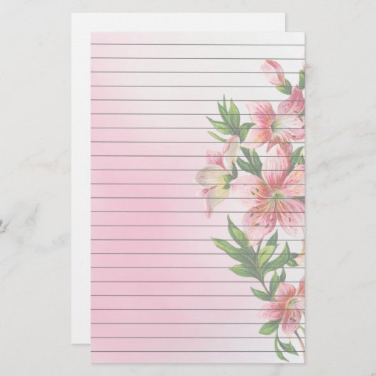 並ぶピンクの花の縦のグループ 便箋 (正面/裏面)