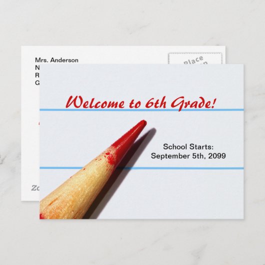 並べられたペーパー新学期の赤い先生の鉛筆 案内ポストカード (正面/裏面)