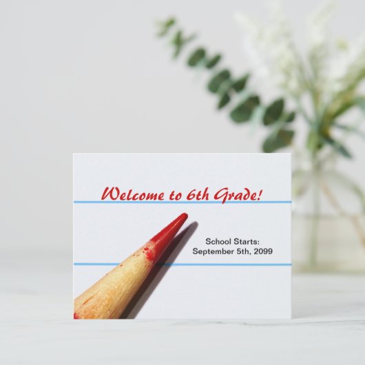 並べられたペーパー新学期の赤い先生の鉛筆 案内ポストカード (スタンド正面)