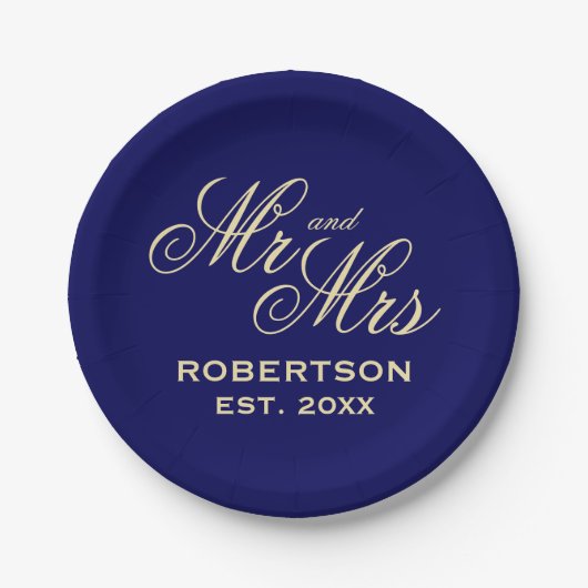 並外れたシックなネイビーブルーとクリーム結婚ズ ペーパープレート (正面)