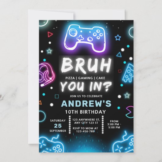 中に入った?ネオンゲーマー誕生日招待状 招待状 (正面)