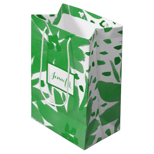 中パーソナライズされたフローラデザイングリーン抱き枕 ミディアムペーパーバッグ (正面アングル)