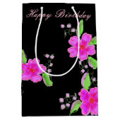 中ピンクの花の黒い誕生日ギフト – バッグ ミディアムペーパーバッグ (正面)