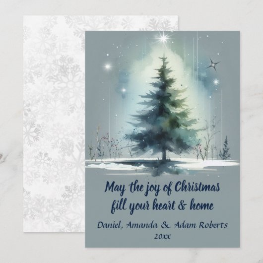 中ブルーの背景に水彩画風の木 シーズンカード (正面/裏面)