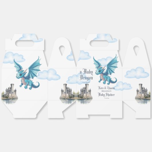 中世かわいい青いドラゴンベビーシャワーカスタマイズ フェイバーボックス (見開き)