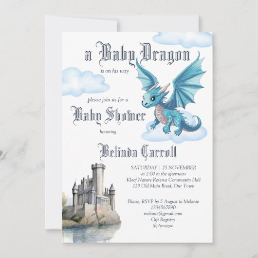 中世のかわいいベビードラゴンベビーシャワー 招待状 (正面)