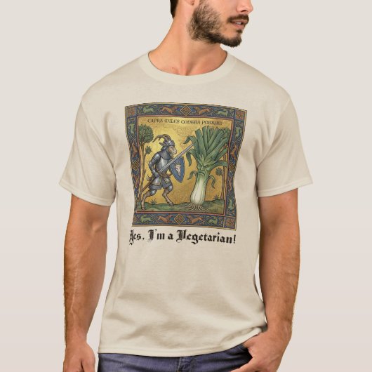 中世のカオス: ヤギがリーキを襲う Tシャツ (正面)