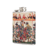 中世のトーナメント、戦う騎士とダルシェル フラスク (左)