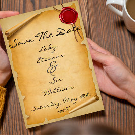 中世のパーチメントの巻物 赤い封蝋 保存の日付 セーブザデート