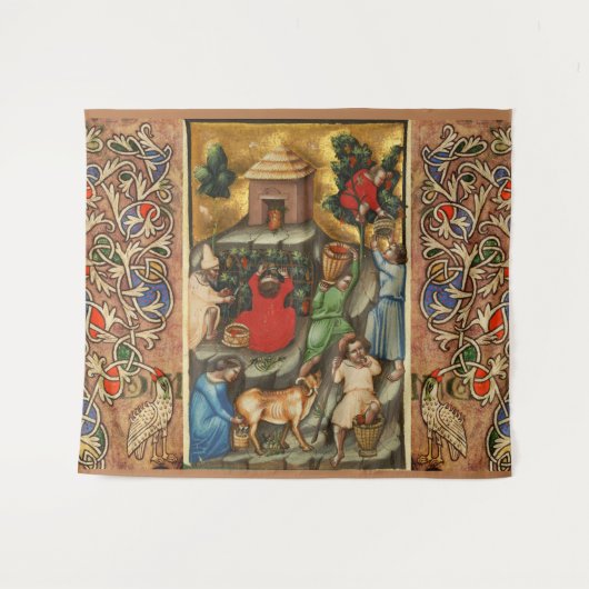 中世のブドウ畑の収穫 アンティークのブドウの木 タペストリー (正面(横))