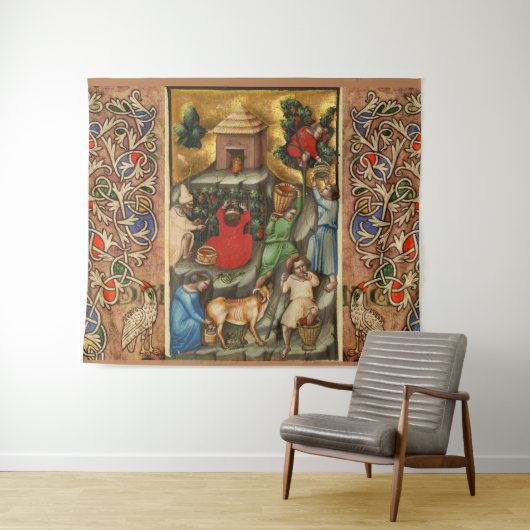 中世のブドウ畑の収穫 アンティークのブドウの木 タペストリー (インサイチュ(横))