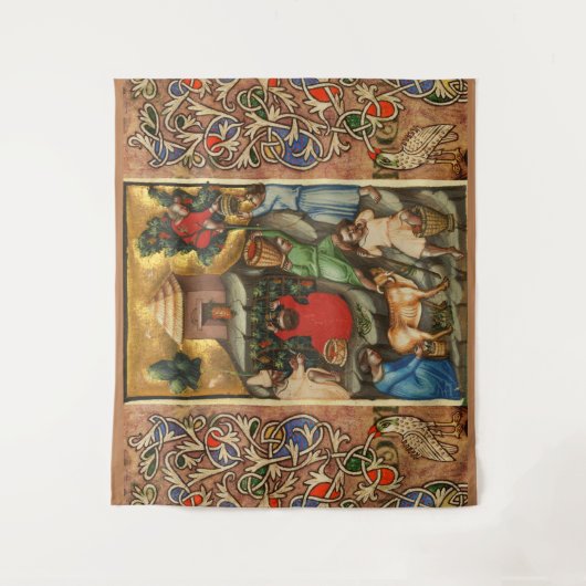 中世のブドウ畑の収穫 アンティークのブドウの木 タペストリー (正面)