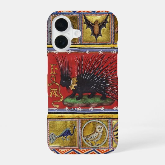 中世のベスティアリ、黒いハリネズミの王と動物 iPhone 16ケース (裏面)