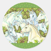 中世のユニコーンの群れ、馬、種馬 ファンタジー ラウンドシール (正面)