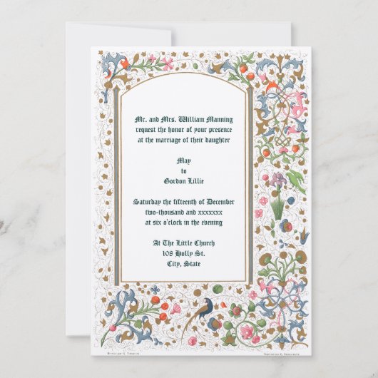 中世のライトアップされた鳥と花結婚の数 招待状 (正面)