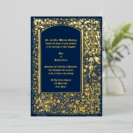 中世のライトアップされた鳥と花結婚の数 箔招待状 (立ち正面)